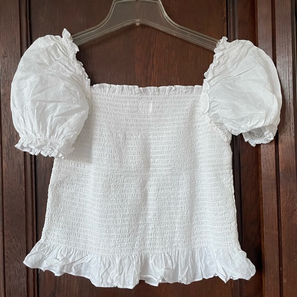 Crisp White Cotton Square Neck Short Puff Sleeve Fitted Torso Shirt Top Blouse - Picture 2 of 8